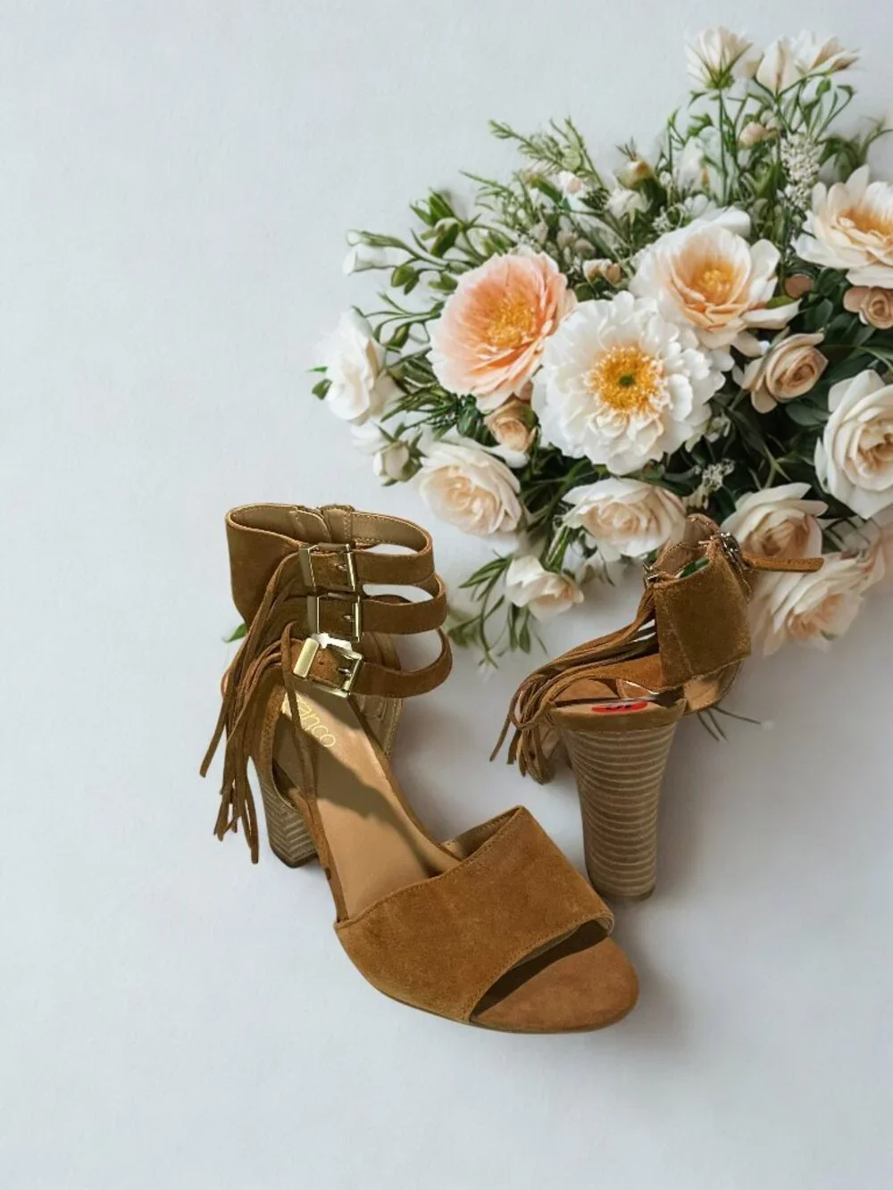 Camel Suede Ankle Strapped Fringe Sandals - Picture 1 of 3